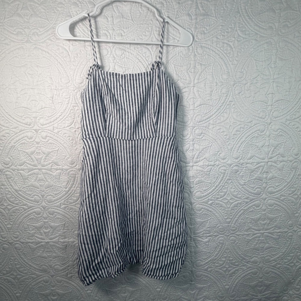 Old Navy Linen Blend Striped Mini Dress Navy White Smocked Back XS
